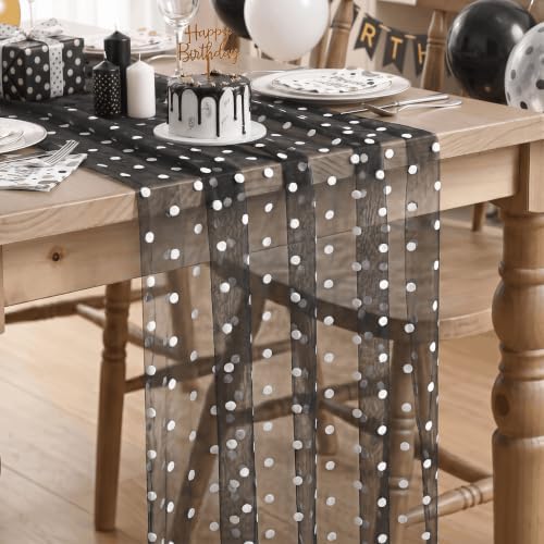 Artoid Mode Black Gauze Flocking White Dots Table Runner 10FT, Halloween Sheer Dining Table Decor for Wedding Anniversary Holiday Birthday Home Party by ArtoidMode