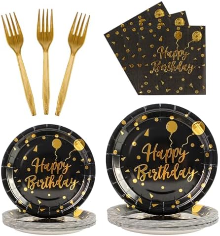 96PCS Happy Birthday Plates and Napkins Party Supplies, Black and Gold Disposable Paper Plates and Napkins with Forks Tableware Set for Birthday Party Decorations 24 Guests (Birthday Black) by KFJBPB