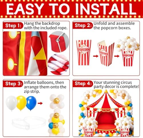 104 PCS Carnival Circus Party Decorations Set Backdrop, Includes Red White Tent Photo Background, Popcorn Boxes with 101 Balloon Kit, Carnival Theme Birthday Party Decor Supplies - Image 3
