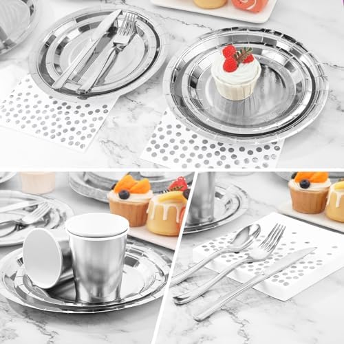 Silver Plates Party Supplies Disposable Dinnerware Set,168pcs Silver Paper Plates and Napkins for Graduation Holiday Disco Birthday Party Decorations Serves 24 (Pack of 3) - Image 5