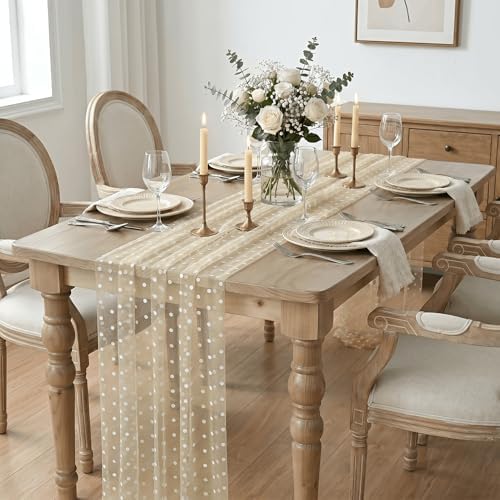 Artoid Mode Beige Gauze Flocking White Dots Table Runner 10FT,Seasonal Sheer Dining Table Decor for Wedding Anniversary Holiday Birthday Home Party - Image 3