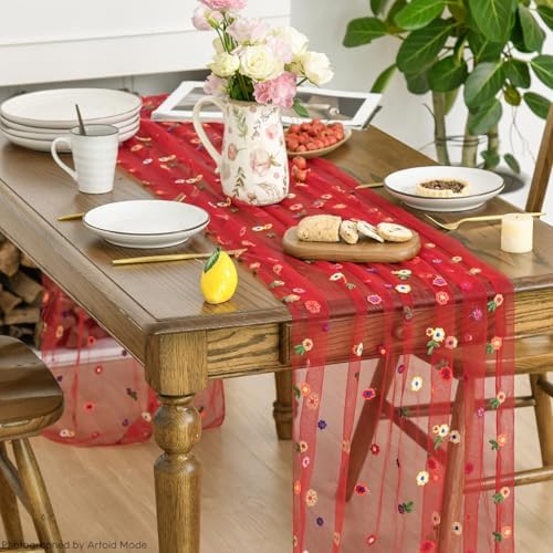 Artoid Mode Red Embroidery Daisy Gauze Table Runner 120 Inch 10FT - Image 3