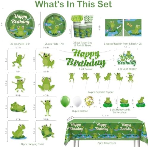 205pcs wellspar Green Frog Birthday Decorations Tableware Set, 25 Guests - Image 2