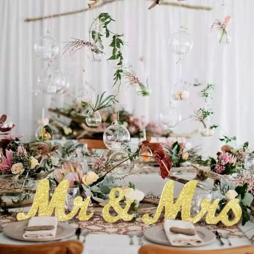 VIOPVERY Wooden Mr & Mrs Wedding Sign with Just Married Banner,Gold - Image 5