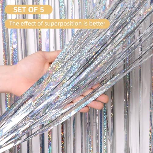 5 Pack Silver Foil Curtain Backdrop 3.2ft x 9.8ft Metallic Tinsel Foil Fringe Curtains Streamer Photo Booth Backdrop for Birthday Party Engagement Bachelorette Party Decorations - Sparkle Silver - Image 2