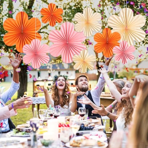 SUNBEAUTY Paper Flowers Decorations Pink and Orange for Wall Paper Fans Classroom Decoration Paper Floral Backdrop Decor Paper Fans Decor Hanging Paper Fans Orange Flower Wall Decor Set of 9 - Image 4