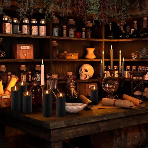 YOROXRG 12 Pack Halloween Decoration Flickering Flameless Candles, Battery Operated LED Pillar Candles with Remote Control and Timer.for Home Decor (D2.2 xH 5" 6" 7" Black) - Image 4