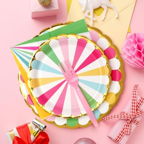 96PCS Colorful Party Paper Plates with Gold Scalloped Edge, Colorful Scalloped 9inch 7inch Dessert Paper Plates Party Supplies for Birthday Bridal Shower Picnic, Serve for 24 Guests, Striped - Image 2
