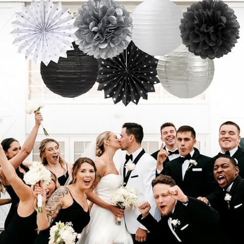 Black White Silver Party Decorations - 20pcs New Year Men Birthday Paper Lanterns Fans,Tissue Pom Poms,Honeycomb Balls,Bunting,Wedding Bachelorette Bridal Graduation Baby Decor Burgleda - Image 4