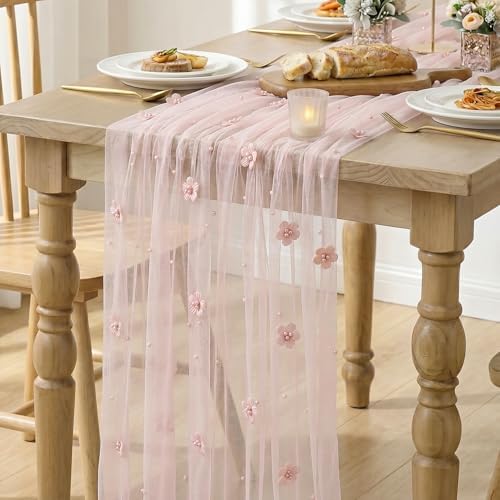 Artoid Mode Pink Flower Pearl Pink Gauze Table Runner 10FT, Seasonal Sheer Dining Holiday Wedding Birthday Baby Shower Table Decor for Home Party - Image 6