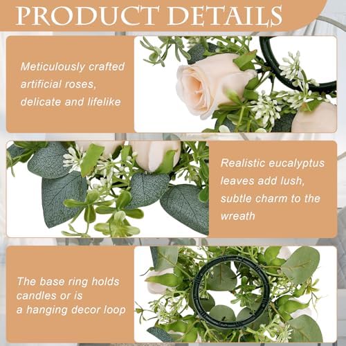 Artificial Roses Candle Rings with Candles, 2 Sets, Champagne - Image 4