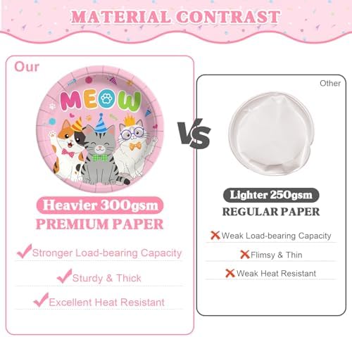 206pcs Pink Cat Birthday Decorations Plates Tableware Serves 24, Cat Party SuppliesPlates Napkins Cups Set Banner Balloons Tableware Cake Topper for Cat Girl Party Supplies - Image 5