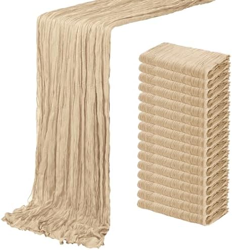 16 Pack Beige Cheesecloth Table Runner 20 x 120 inch Gauze Table Runners 10 FT Long,Semi Sheer Boho Cheese Cloth Fabric Table Runner Bulk for Party,Wedding,Baby Shower,Bridal Shower Decoration by ACSUIT