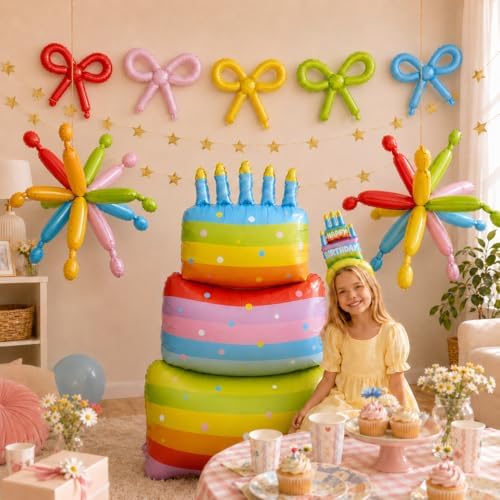 Rainbow Birthday Decoration Set 10Pcs - Giant 47" Inflated Standing Cake Foil Balloon No Helium Required, Hanging Ceiling Firework & DIY Bow Balloons, Star Banner, Hat Headband for Kids Party - Image 2