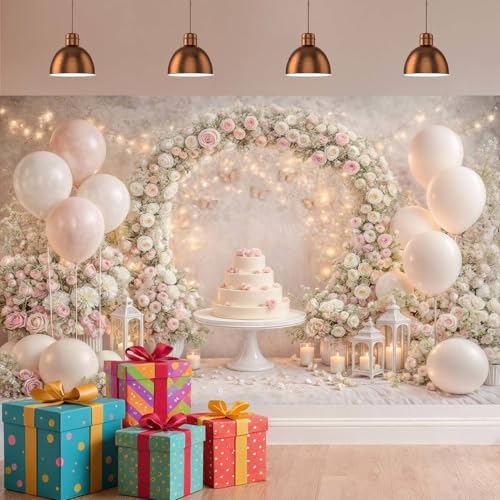 6X4ft Pink White Floral Backdrop Boho Arch Scene Birthday Balloons Photography Background Romantic Wedding Bridal Shower Kids Birthday Baby Shower Party Portrait Cake Photo Booth Studio Props - Image 4