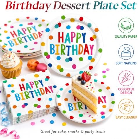 40PCS Happy Birthday Plates and Napkins, Rainbow Dots Party Plates - Image 3