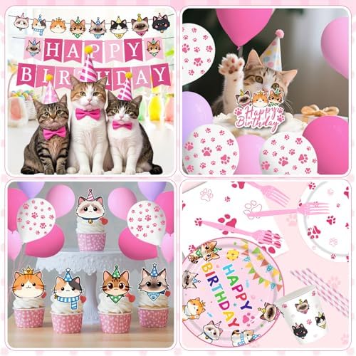 197pcs Cat Birthday Decorations Kit, Cute Cat Themed birthday party decorations with Tableware, Cake Decorations & Hanging Accessories, Serves 24 Guests - Image 5