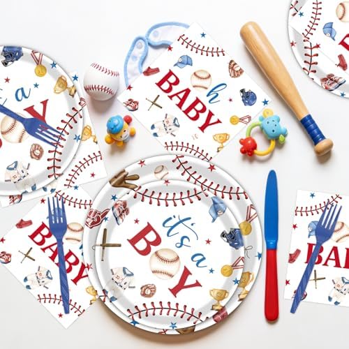 Baseball Baby Shower Decorations - 96 Pcs A Little Slugger is on The Way Baby Shower Plates Napkins Forks Tableware Set, Its A Boy Baseball Dinnerware Set for Boy Serves 24 - Image 6