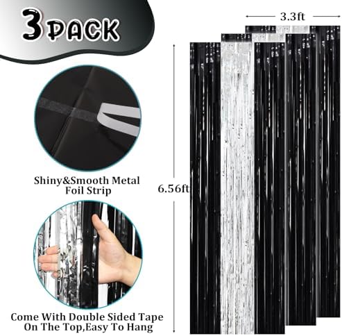 Voircoloria Black Silver Foil Fringe Backdrop Curtains,3.3x8.2ft, 3 Pack - Image 2