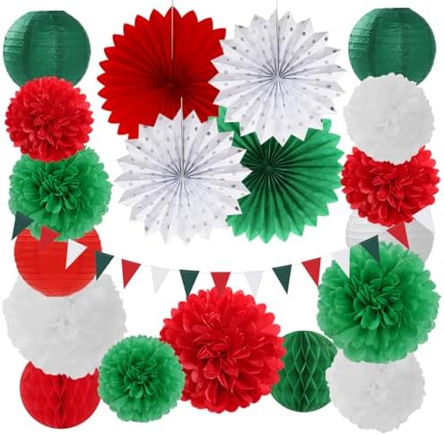 Red Green-White Christmas Party Decorations - 20pcs Mexican Italian Paper Lanterns Fans,Tissue Pom Poms,Honeycomb Balls,Bunting,Birthday Mexico Italy Baby Shower Wedding Decor Burgleda by Burgleda