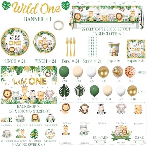 Wild Birthday Decorations,Safari Birthday Decorations 277Pcs Wild Plates and Napkin Sets Banner Backdrop Tablecloth Cake Topper Balloon Garland for Jungle 1st birthday Decorations - Image 7