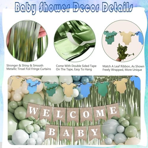 Blue Sage Green Baby Shower Decorations-Welcome Baby Boy Banner, Fringe Curtains, Paper Pompoms, Olive Green Dusty-blue Beige Cream Latex Balloon Décor For Boho Easter Jungle Baby Shower Blue Party - Image 3