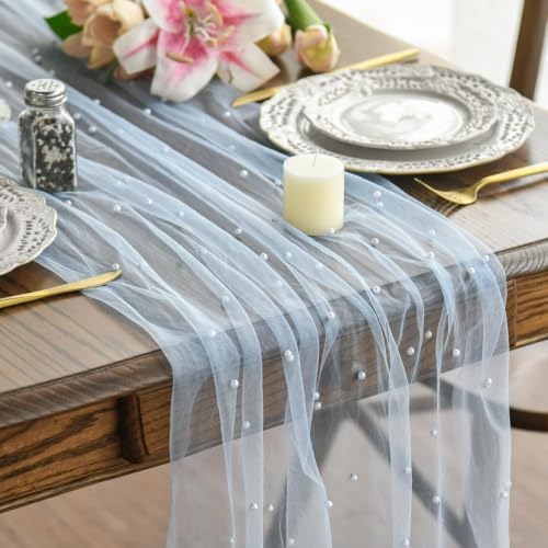 Artoid Mode Pearl Blue Gauze Table Runner 59x120 Inch , Seasonal Sheer Kitchen Dining Holiday Wedding Birthday Baby Shower Table Decor for Home Party by ArtoidMode