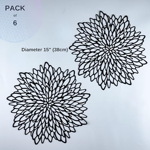 Snowkingdom 6 Pack Black Placemats Washable Pressed Vinyl Dining Table Mats Round Floral Charger Decoration for Halloween Christmas Thanksgiving - Image 2