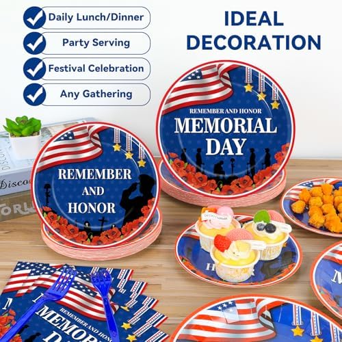 96Pcs Memorial Day Plates and Napkins for Remember and Honor Soldier Party Supplies Thank You Soldiers Dessert Plates Veterans Day Tableware Set for 24 Guests 4th of July Party Decorations - Image 5