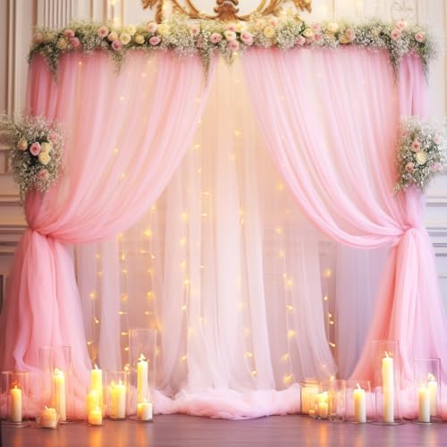20x10ft Baby Pink Tulle Backdrop Curtain with Lights String for Parites, Sheer Photo Backdrop Curtains with Lights for Wedding Backdrop Ceremony Reception Bridal Shower Baby Shower Birthday Party by PartyTalk