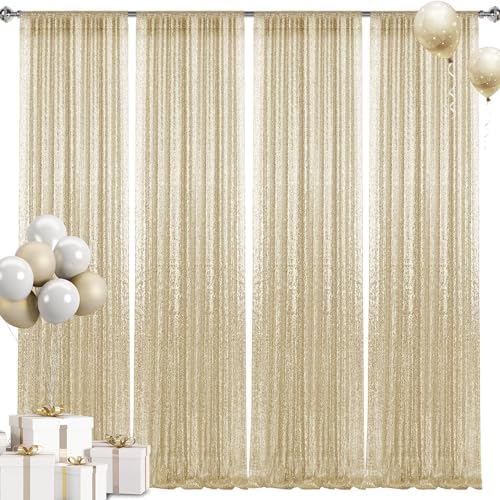 2×8FT-4PCS Champagne Sequin Backdrop Curtains Panels, Photography Backdrop Glitter Curtains Fabric Background for Christmas Wedding Party Decor by Pufogu