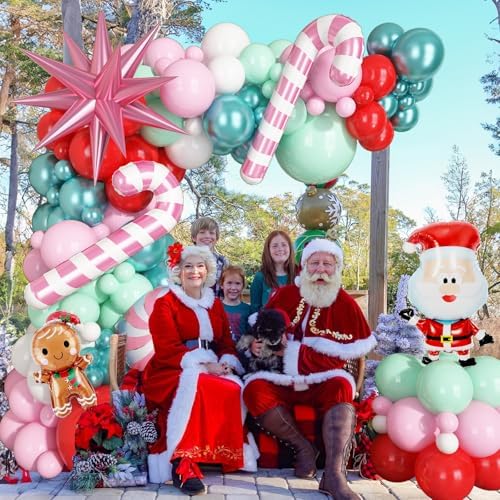 Christmas Balloon Arch Kit, Red Pastel Baby Pink White Mint Dusty Metallic Teal Green Xmas Balloons with Gingerbread Man Claus Candy Cane Foil Balloons for Merry Christmas Party Decorations - Image 4