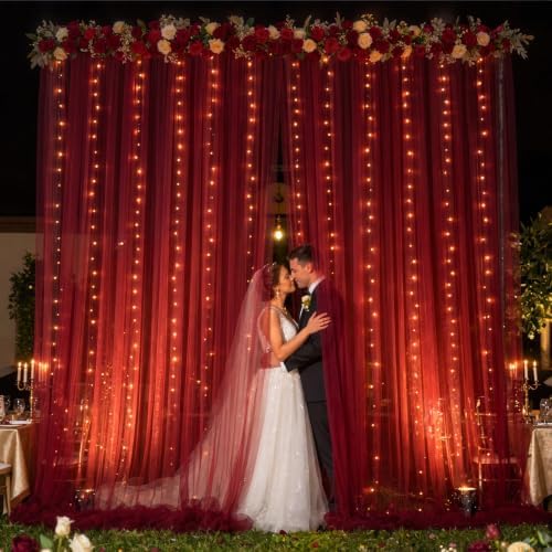 20×10ft Burgundy Tulle Backdrop Curtain with Lights String for Parties, Sheer Photo Backdrop Curtains for Wedding Party Photography Background - Image 5