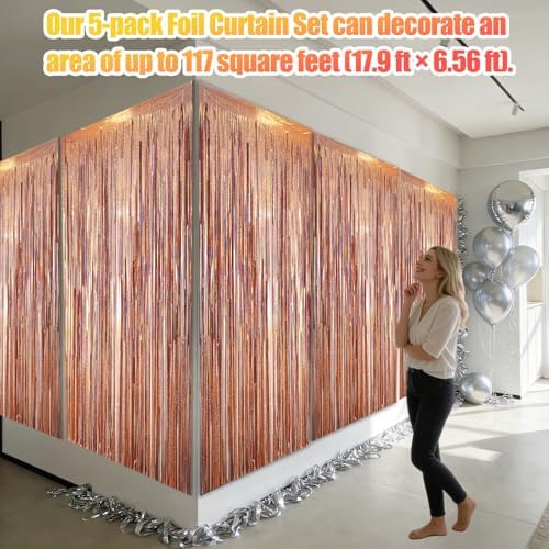 5 Pack 3.28ft x 6.56ft Glitter Rose Gold Tinsel Foil Fringe Curtains, Photo Booth Backdrop Party Decorations for Birthday Wedding Baby Shower Galentines Bachelorette New Years - Image 3