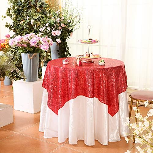 Eternal Beauty Red Square Sequin Tablecloth Sparkly Overlay for Wedding Party Birthday Baby Shower Christmas 48"x48" - Image 2