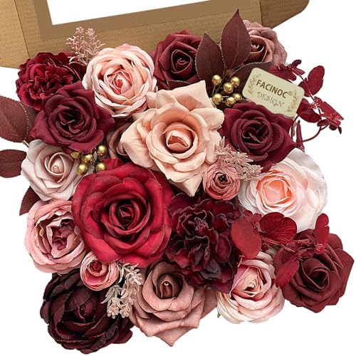 FACINOC Roses Artificial Flowers Burgundy Red Bouquet Fake Flower Bulk by FACINOC