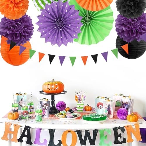 Black Purple Orange-Green Halloween Party-Decorations - 20pcs Paper Lanterns Fans,Tissue Pom Poms,Honeycomb Balls,Hotel Transylvania Hocus Pocus Birthday Baby Bridal Shower Wedding Decor Burgleda - Image 6