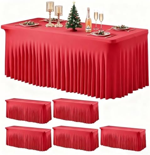 Wish Care 6 Pack Red Spandex Table Clothes for 6 Foot Rectangle Tables, 6FT Wrinkle Free Fitted Tablecloths Ruffles Design Table Cover for Party, Banquet, Wedding and Events by WishCare