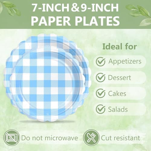 100 Light Blue Gingham Paper Plates and Napkins Disposable Set for Party - Image 6