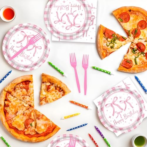 72Pcs Pink Bow Plates and Napkins, Coquette Birthday Party Supplies Pink Bow Paper Plates and Napkins Forks Tableware Decorations for 24 Guests - Image 5