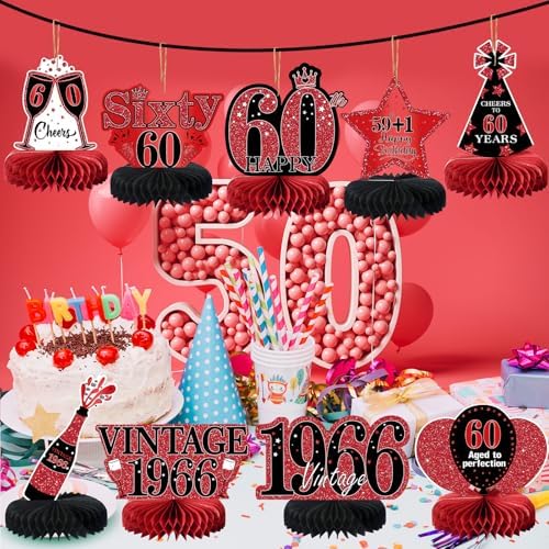 9Pcs 60th Birthday Decorations Red and Black 60th Birthday Party Decorations for Women,Happy 60 Years Vintage 1966 Aged Honeycomb Centerpieces Table Sign Decor Supplies - Image 4
