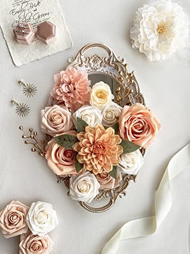 FACINOC Artificial Flowers Orange Mix Fake Flower Dahlia Roses with Stems - Image 3