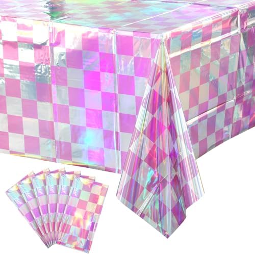 6 Pack Pink and Iridescent Checkered Plastic Tablecloth, Shiny Disposable Laser Rectangle Table Covers, Holographic Foil Tablecloth Iridescent Party Decorations for Picnic Camping Outdoor, 54x108Inch by EnjoyYourFunnyParties