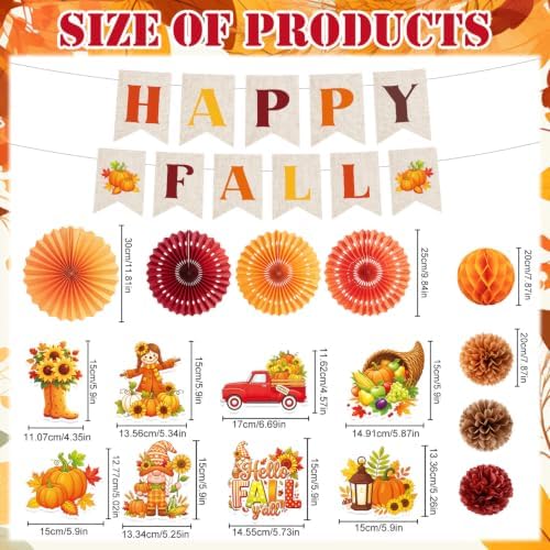 Fall Party Decorations, 22PCS Happy Fall Decoration with Banners Hanging Swirls Garland Banner Paper Fans Poms Honeycomb Ball, Maple Leaf Pumpkin Decor for Autumn Home Classroom Office Decor - Image 2