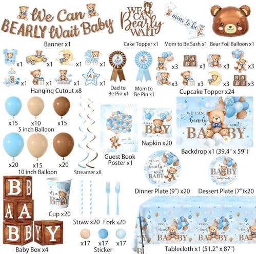 Blue Bear Baby Shower Decorations for Boy, All-in-1 Bear Party Decorations with Balloon Arch Kit Wood Grain Baby Boxes Plates Napkins Cake Toppers Tablecloth Backdrop Blue and Brown Baby Shower Decor - Image 5