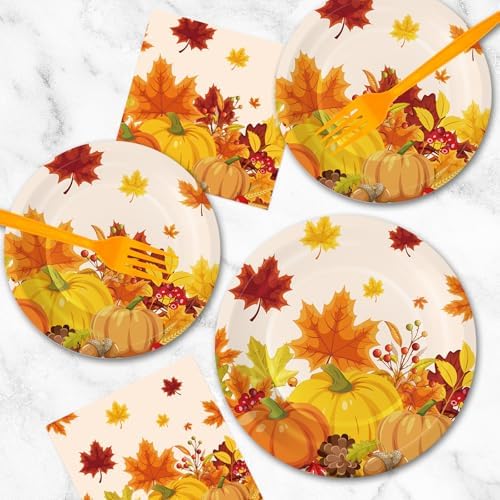 100 Pcs Thanksgiving Plates and Napkins Sets - Fall Pumpkin Maple Leaf Round Tableware, Disposable Thanksgiving Paper Plates and Napkins Forks for Thanks giving Party Supplies Table Decor, Serves 25 - Image 7