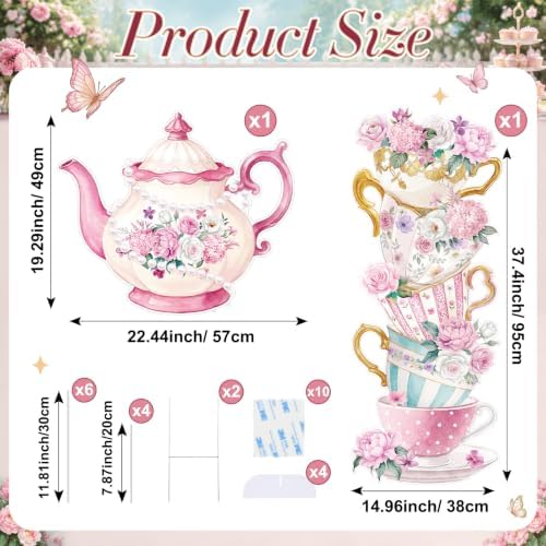 Panelee Wonderland Tea Party Yard Decoration, Wonderland Garden Yard Sign Stand Set Stacked Teacups and Teapot with Brackets for Tea Party Birthday Halloween Outdoor Decoration (Pink Style) - Image 3