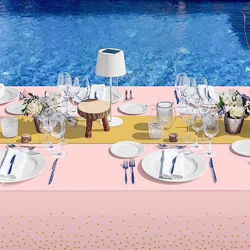 8Pack Disposable Plastic Tablecloths and Satin Table Runner Set Pink and Gold Dot Tablecloth Gold Satin Table Runner for Wedding Birthday Baby Shower Anniversary Christmas New Year Party Supplies - Image 6
