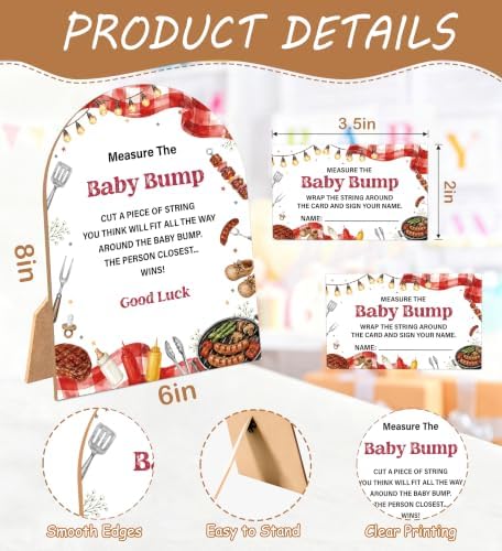 Baby-Q Baby Shower Games, BBQ Measure The Baby Bump Game, 6x8 Inch Arch Wooden Sign With Stand And 50 Guessing Cards, Gender Reveal Party Supplies & Decorations - AD12 - Image 2