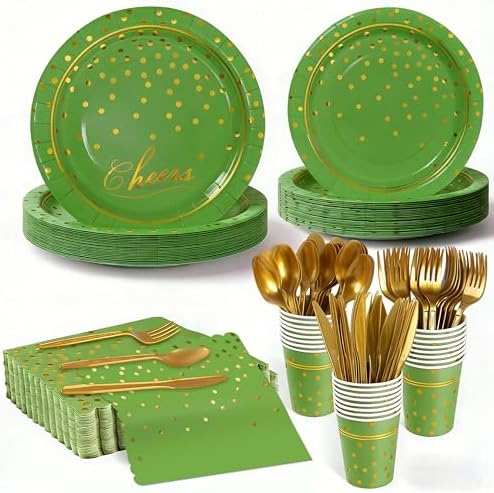 168Pcs Green and Gold Paper Plates and Napkins Party Supplies for 24 Guest by OuMuaMua